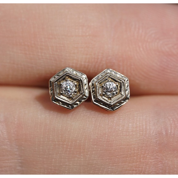 Antique Art Deco 14k Solid Gold Old European Cut Diamond Earrings 0.4CTW 1920's - Picture 3 of 9
